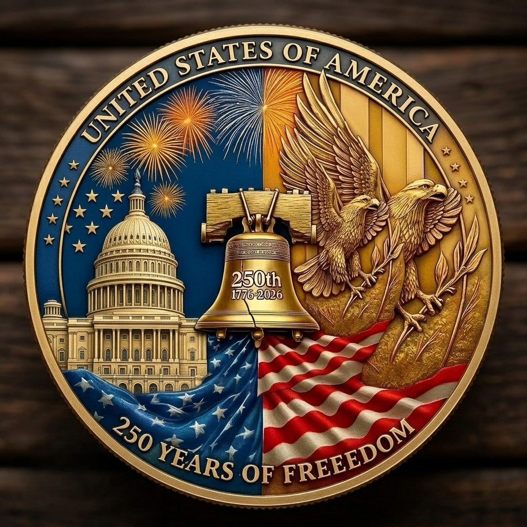 Made in USA 250th Anniversary Commemorative Coin - Premium Gold Finish UV Printed Patriotic Challenge Coin (1776-2026) for Veterans & Collectors