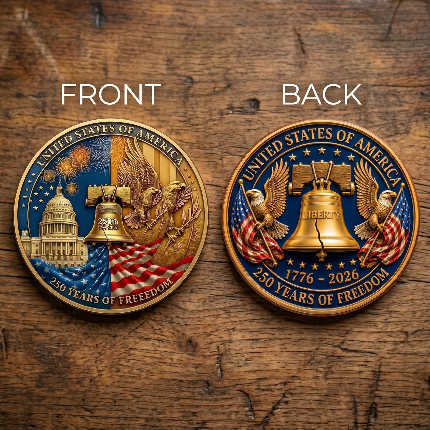 Made in USA 250th Anniversary Commemorative Coin - Premium Gold Finish UV Printed Patriotic Challenge Coin (1776-2026) for Veterans & Collectors
