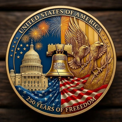 Made in USA 250th Anniversary Commemorative Coin - Premium Gold Finish UV Printed Patriotic Challenge Coin (1776-2026) for Veterans & Collectors