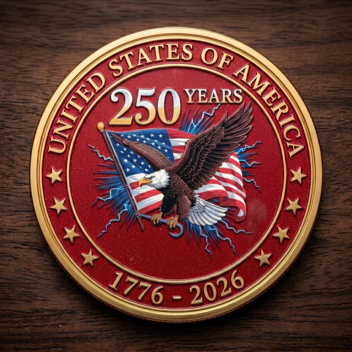 Made in USA 250th Anniversary Commemorative Coin - Premium Gold Plated & Bordeaux Red Enamel Semiquincentennial Patriotic Challenge Coin (1776-2026) for Veterans & Collectors
