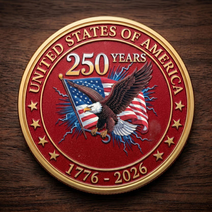 Made in USA 250th Anniversary Commemorative Coin - Premium Gold Plated & Bordeaux Red Enamel Semiquincentennial Patriotic Challenge Coin (1776-2026) for Veterans & Collectors