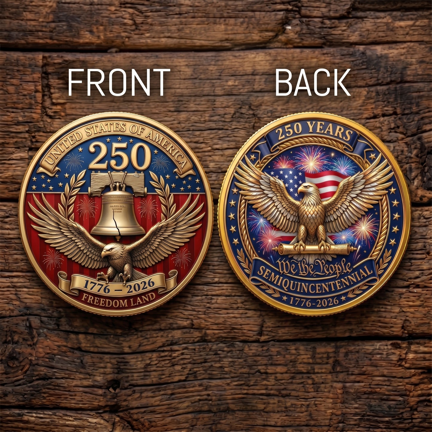 Made in USA 250th Anniversary Commemorative Coin - Premium Gold Finish UV Printed Patriotic Challenge Coin (1776-2026) for Veterans & Collectors
