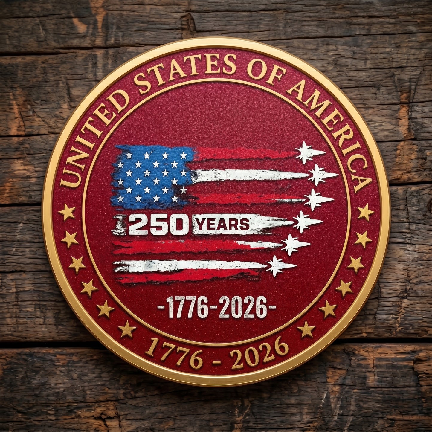 Made in USA 250th Anniversary Commemorative Coin - Premium Gold Plated & Bordeaux Red Enamel Semiquincentennial Patriotic Challenge Coin (1776-2026) for Veterans & Collectors