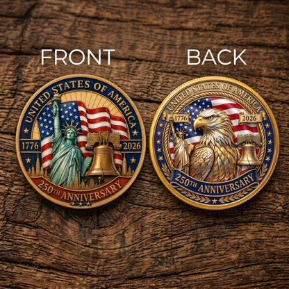 Made in USA 250th Anniversary Commemorative Coin - Premium Gold Finish UV Printed Patriotic Challenge Coin (1776-2026) for Veterans & Collectors