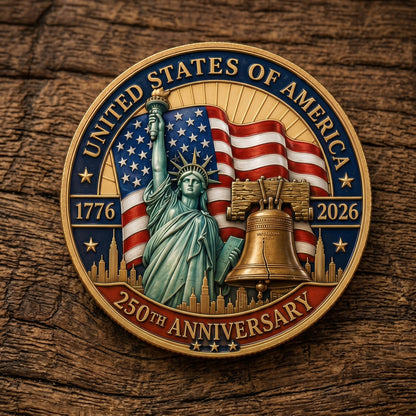 Made in USA 250th Anniversary Commemorative Coin - Premium Gold Finish UV Printed Patriotic Challenge Coin (1776-2026) for Veterans & Collectors