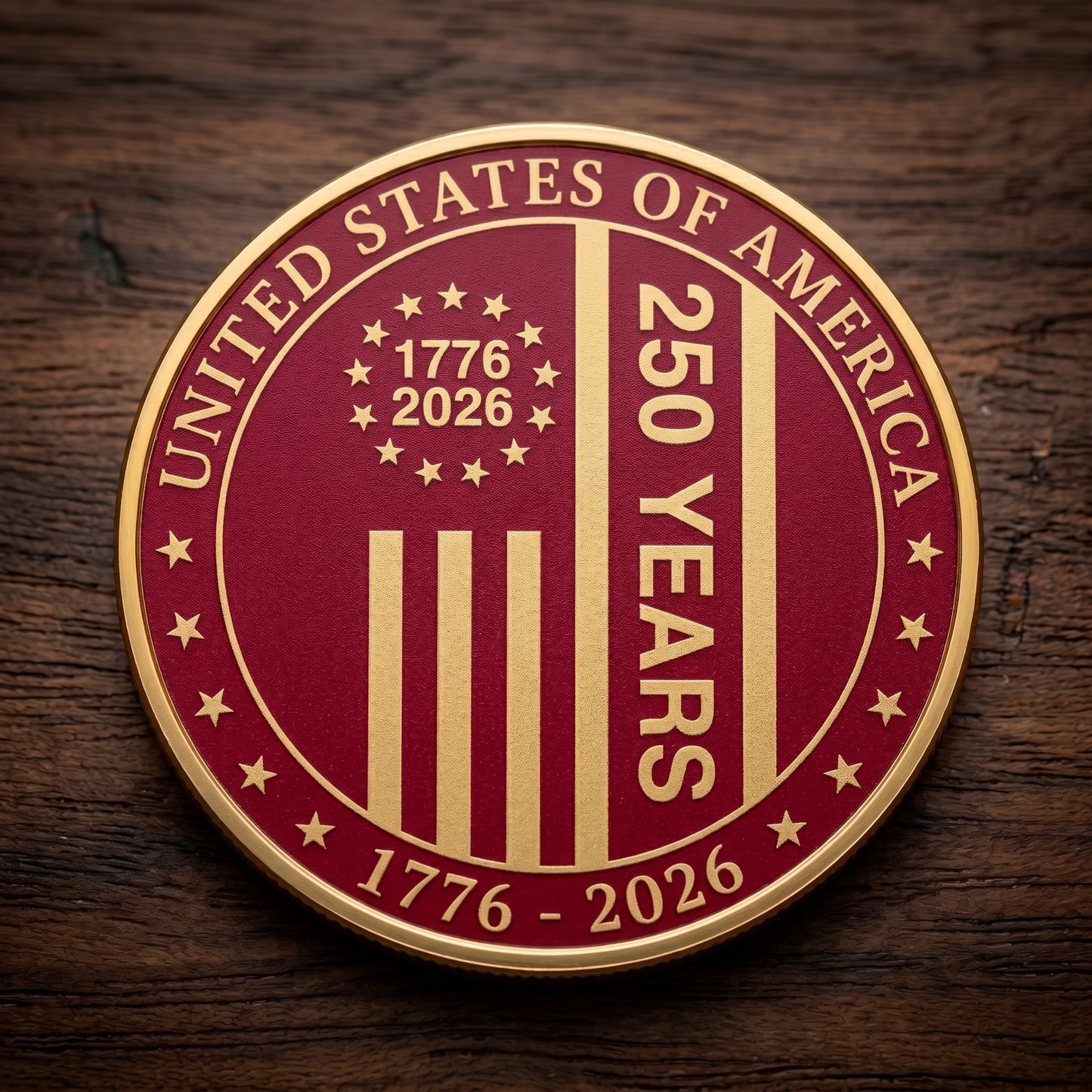 Made in USA 250th Anniversary Commemorative Coin - Premium Gold Plated & Bordeaux Red Enamel Semiquincentennial Patriotic Challenge Coin (1776-2026) for Veterans & Collectors