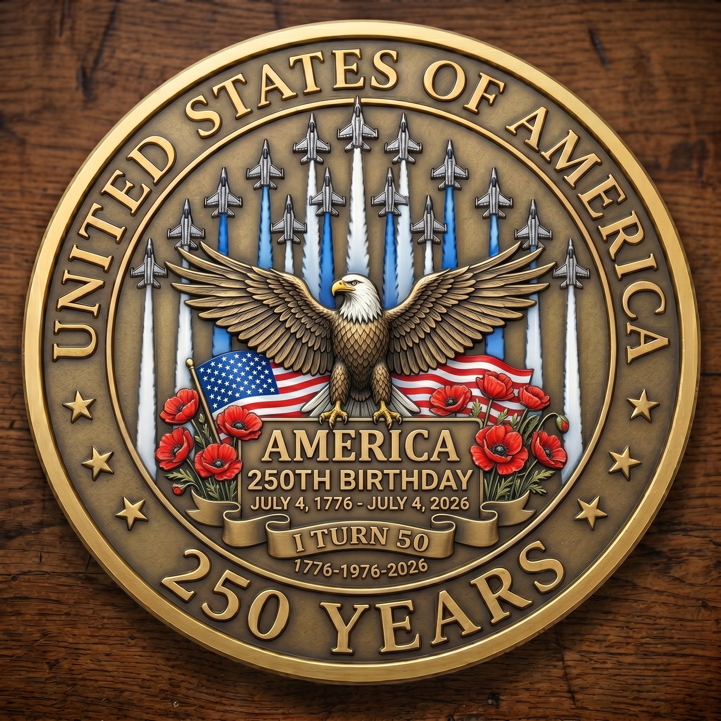 1776-2026 Semiquincentennial Commemorative Coin - Made in USA, Gold Finish UV Printed Challenge Coin, 250th Anniversary Patriotic Keepsake