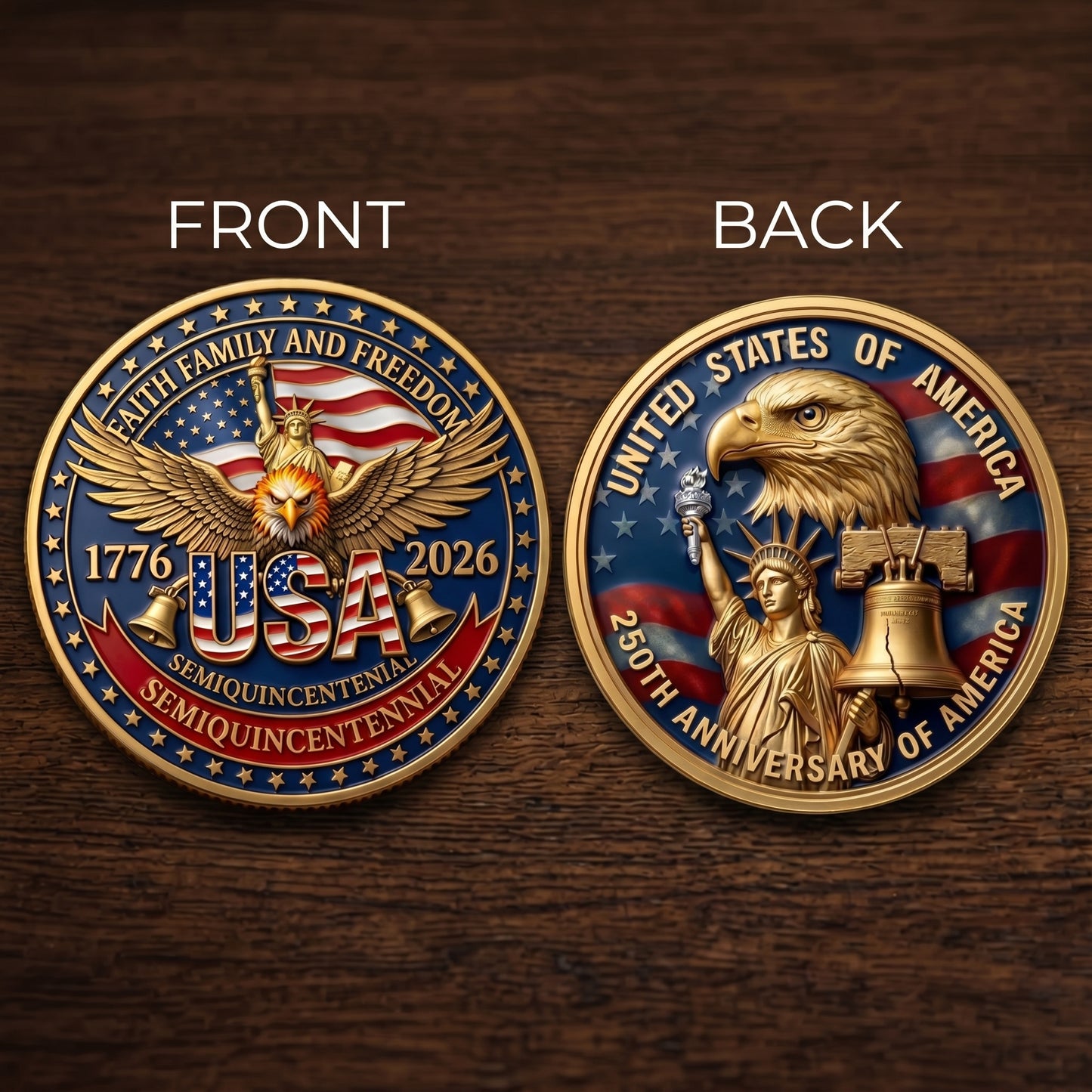 Made in USA 250th Anniversary Commemorative Coin - Premium Gold Finish UV Printed Patriotic Challenge Coin (1776-2026) for Veterans & Collectors