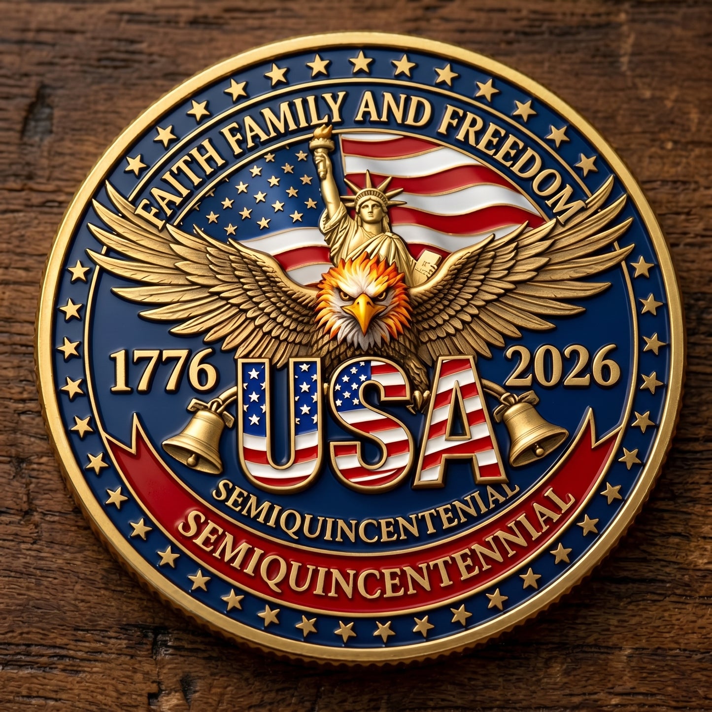 Made in USA 250th Anniversary Commemorative Coin - Premium Gold Finish UV Printed Patriotic Challenge Coin (1776-2026) for Veterans & Collectors