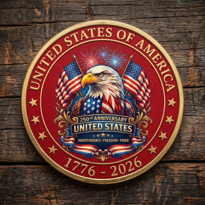 Made in USA 250th Anniversary Commemorative Coin - Premium Gold Plated & Bordeaux Red Enamel Semiquincentennial Patriotic Challenge Coin (1776-2026) for Veterans & Collectors