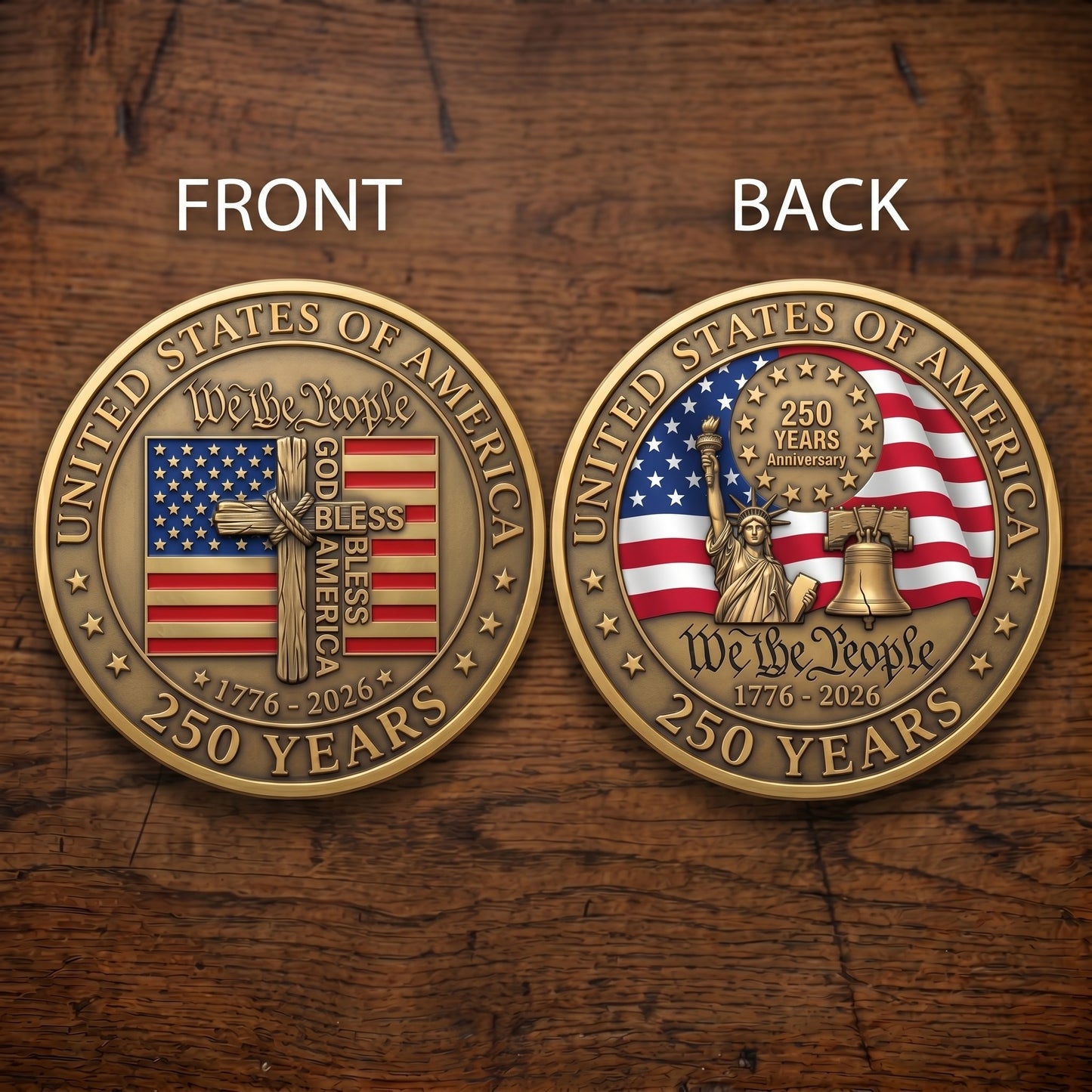 1776-2026 Semiquincentennial Commemorative Coin - Made in USA, Gold Finish UV Printed Challenge Coin, 250th Anniversary Patriotic Keepsake