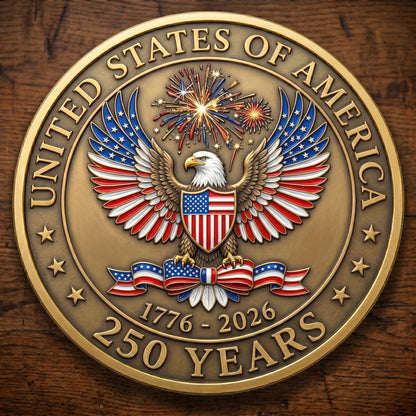 1776-2026 Semiquincentennial Commemorative Coin - Made in USA, Gold Finish UV Printed Challenge Coin, 250th Anniversary Patriotic Keepsake
