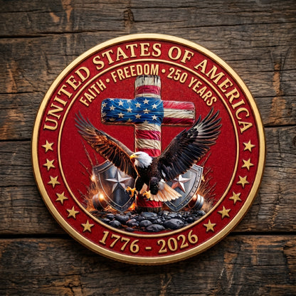 Made in USA 250th Anniversary Commemorative Coin - Premium Gold Plated & Bordeaux Red Enamel Semiquincentennial Patriotic Challenge Coin (1776-2026) for Veterans & Collectors
