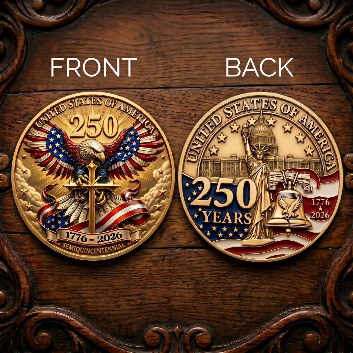 Made in USA 250th Anniversary Commemorative Coin - Premium Gold Finish UV Printed Patriotic Challenge Coin (1776-2026) for Veterans & Collectors