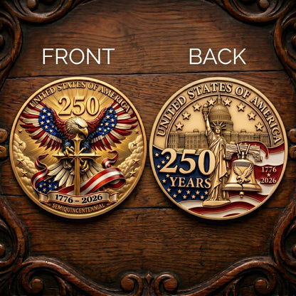 Made in USA 250th Anniversary Commemorative Coin - Premium Gold Finish UV Printed Patriotic Challenge Coin (1776-2026) for Veterans & Collectors