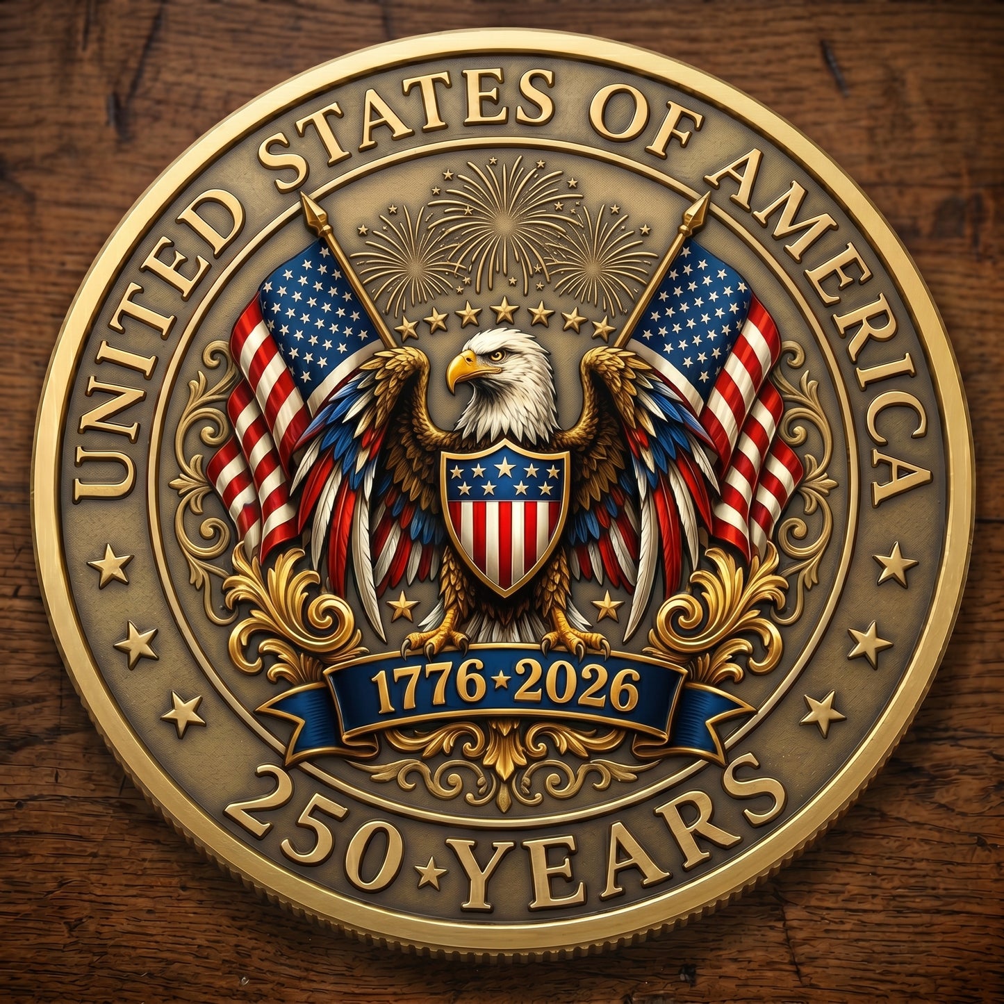 1776-2026 Semiquincentennial Commemorative Coin - Made in USA, Gold Finish UV Printed Challenge Coin, 250th Anniversary Patriotic Keepsake