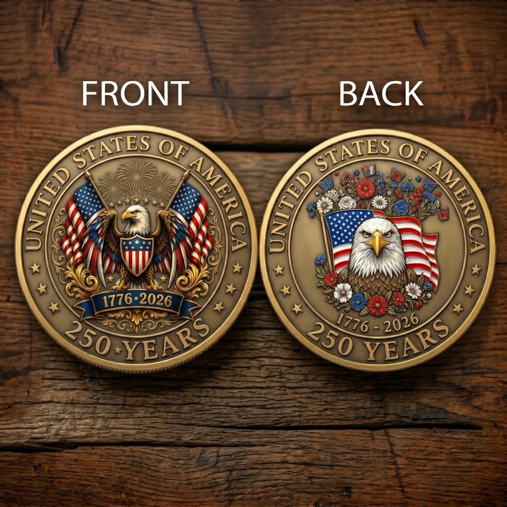 1776-2026 Semiquincentennial Commemorative Coin - Made in USA, Gold Finish UV Printed Challenge Coin, 250th Anniversary Patriotic Keepsake