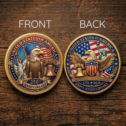 Made in USA 250th Anniversary Commemorative Coin - Premium Gold Finish UV Printed Patriotic Challenge Coin (1776-2026) for Veterans & Collectors