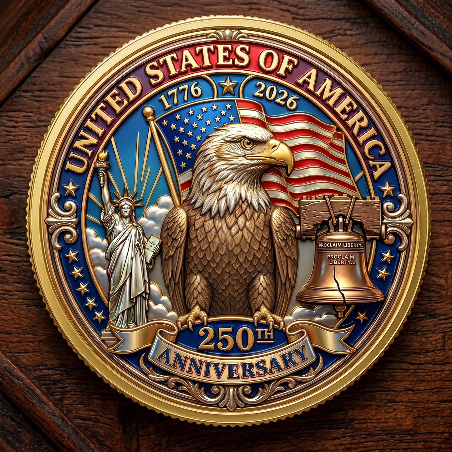 Made in USA 250th Anniversary Commemorative Coin - Premium Gold Finish UV Printed Patriotic Challenge Coin (1776-2026) for Veterans & Collectors