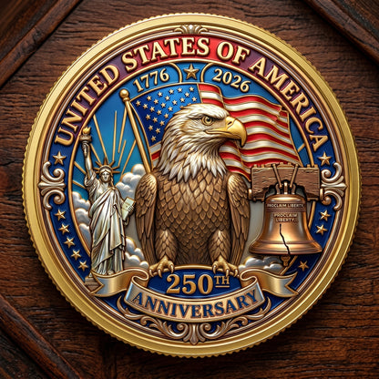 Made in USA 250th Anniversary Commemorative Coin - Premium Gold Finish UV Printed Patriotic Challenge Coin (1776-2026) for Veterans & Collectors