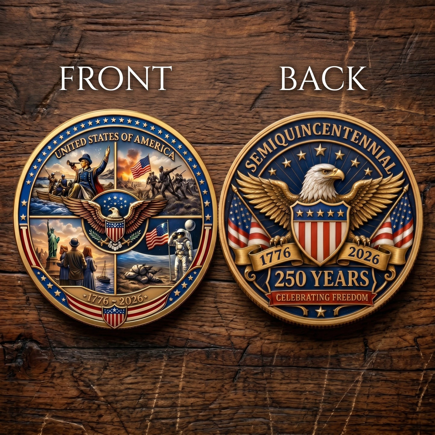 Made in USA 250th Anniversary Commemorative Coin - Premium Gold Finish UV Printed Patriotic Challenge Coin (1776-2026) for Veterans & Collectors