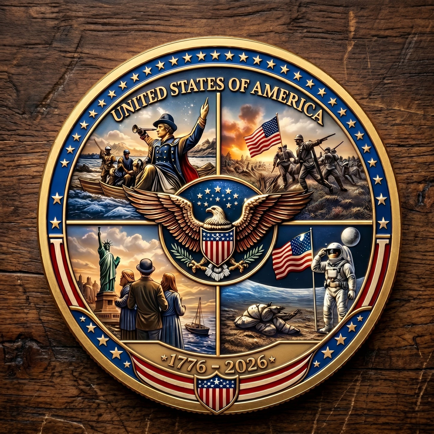 Made in USA 250th Anniversary Commemorative Coin - Premium Gold Finish UV Printed Patriotic Challenge Coin (1776-2026) for Veterans & Collectors
