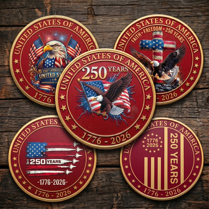 Made in USA 250th Anniversary Commemorative Coin - Premium Gold Plated & Bordeaux Red Enamel Semiquincentennial Patriotic Challenge Coin (1776-2026) for Veterans & Collectors
