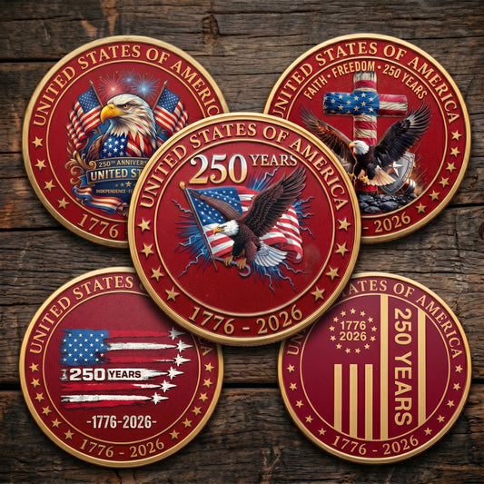 Made in USA 250th Anniversary Commemorative Coin - Premium Gold Plated & Bordeaux Red Enamel Semiquincentennial Patriotic Challenge Coin (1776-2026) for Veterans & Collectors