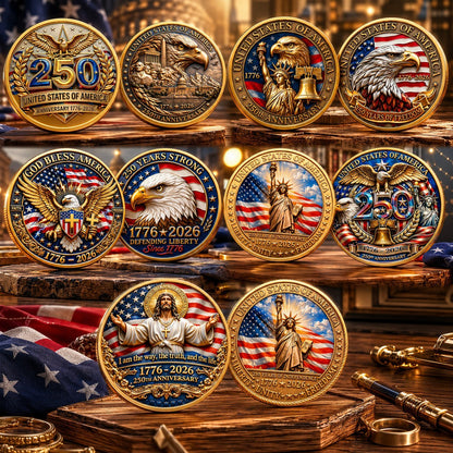 Made in USA 250th Anniversary Commemorative Coin - 1776-2026 Semiquincentennial Gold Metal Challenge Coin, Double-Sided UV Printed Patriotic Keepsake