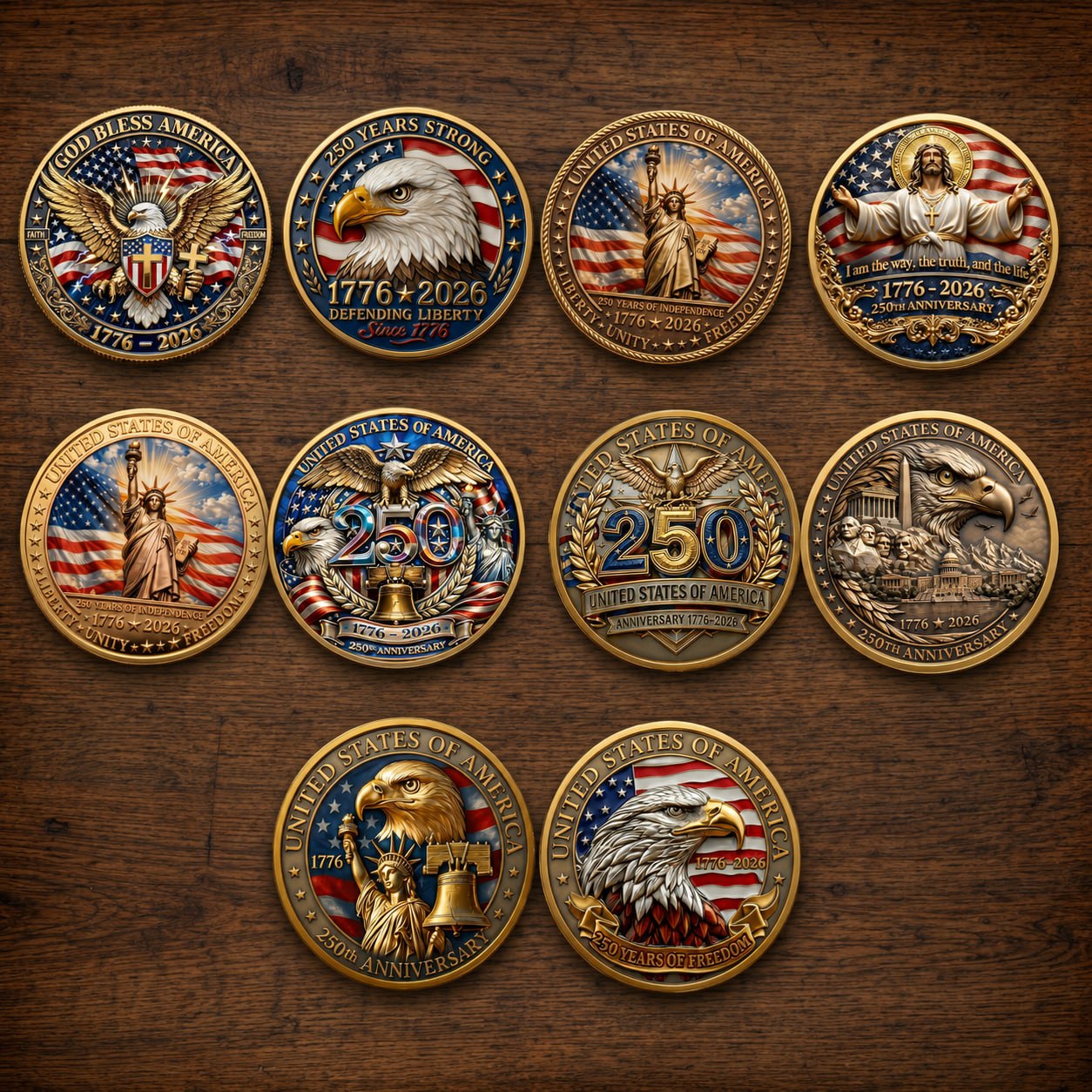 Made in USA 250th Anniversary Commemorative Coin - 1776-2026 Semiquincentennial Gold Metal Challenge Coin, Double-Sided UV Printed Patriotic Keepsake