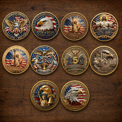 Made in USA 250th Anniversary Commemorative Coin - 1776-2026 Semiquincentennial Gold Metal Challenge Coin, Double-Sided UV Printed Patriotic Keepsake