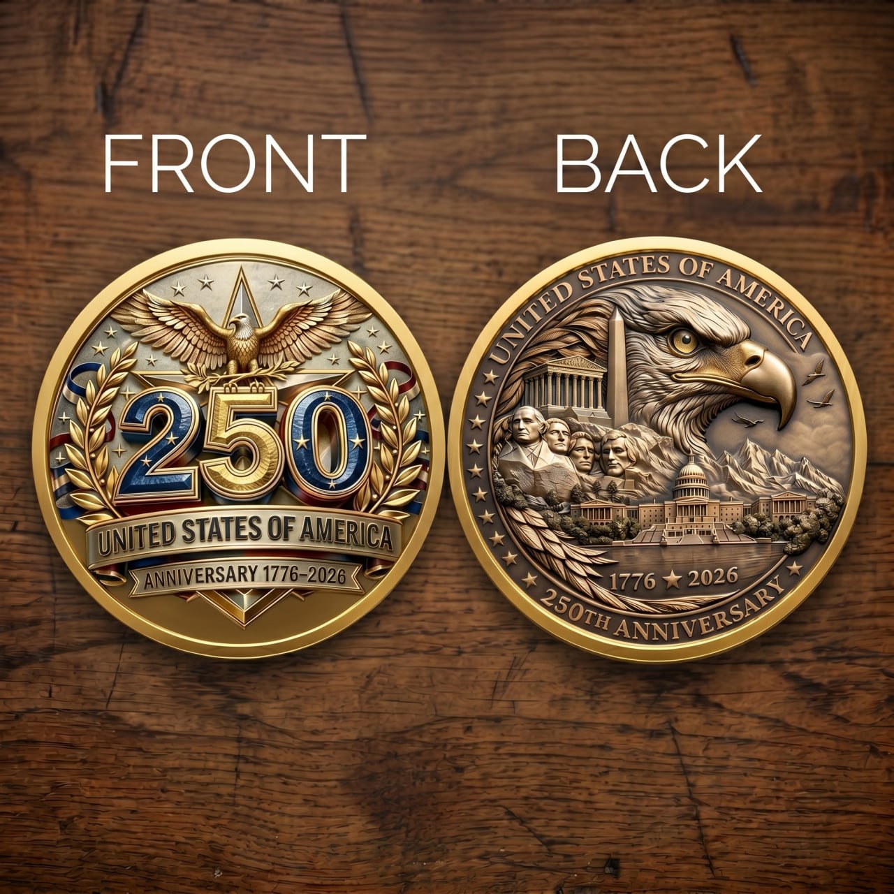 Made in USA 250th Anniversary Commemorative Coin - 1776-2026 Semiquincentennial Gold Metal Challenge Coin, Double-Sided UV Printed Patriotic Keepsake