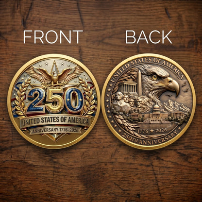 Made in USA 250th Anniversary Commemorative Coin - 1776-2026 Semiquincentennial Gold Metal Challenge Coin, Double-Sided UV Printed Patriotic Keepsake