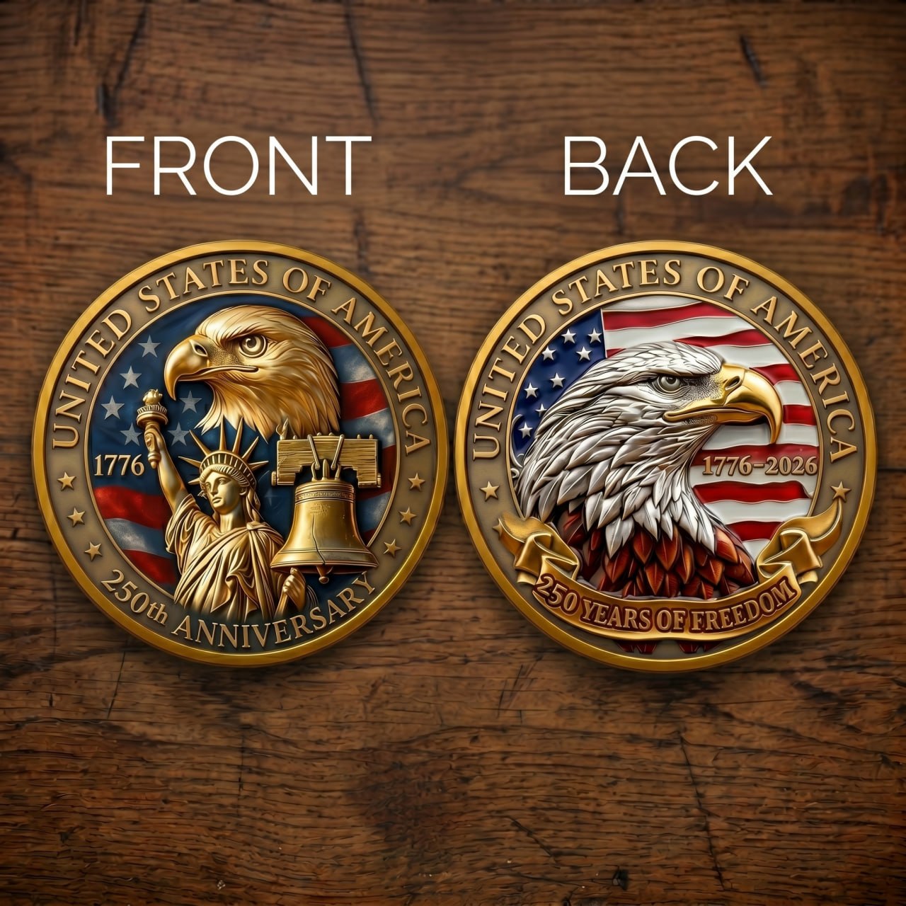 Made in USA 250th Anniversary Commemorative Coin - 1776-2026 Semiquincentennial Gold Metal Challenge Coin, Double-Sided UV Printed Patriotic Keepsake