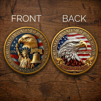 Made in USA 250th Anniversary Commemorative Coin - 1776-2026 Semiquincentennial Gold Metal Challenge Coin, Double-Sided UV Printed Patriotic Keepsake