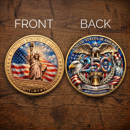 Made in USA 250th Anniversary Commemorative Coin - 1776-2026 Semiquincentennial Gold Metal Challenge Coin, Double-Sided UV Printed Patriotic Keepsake