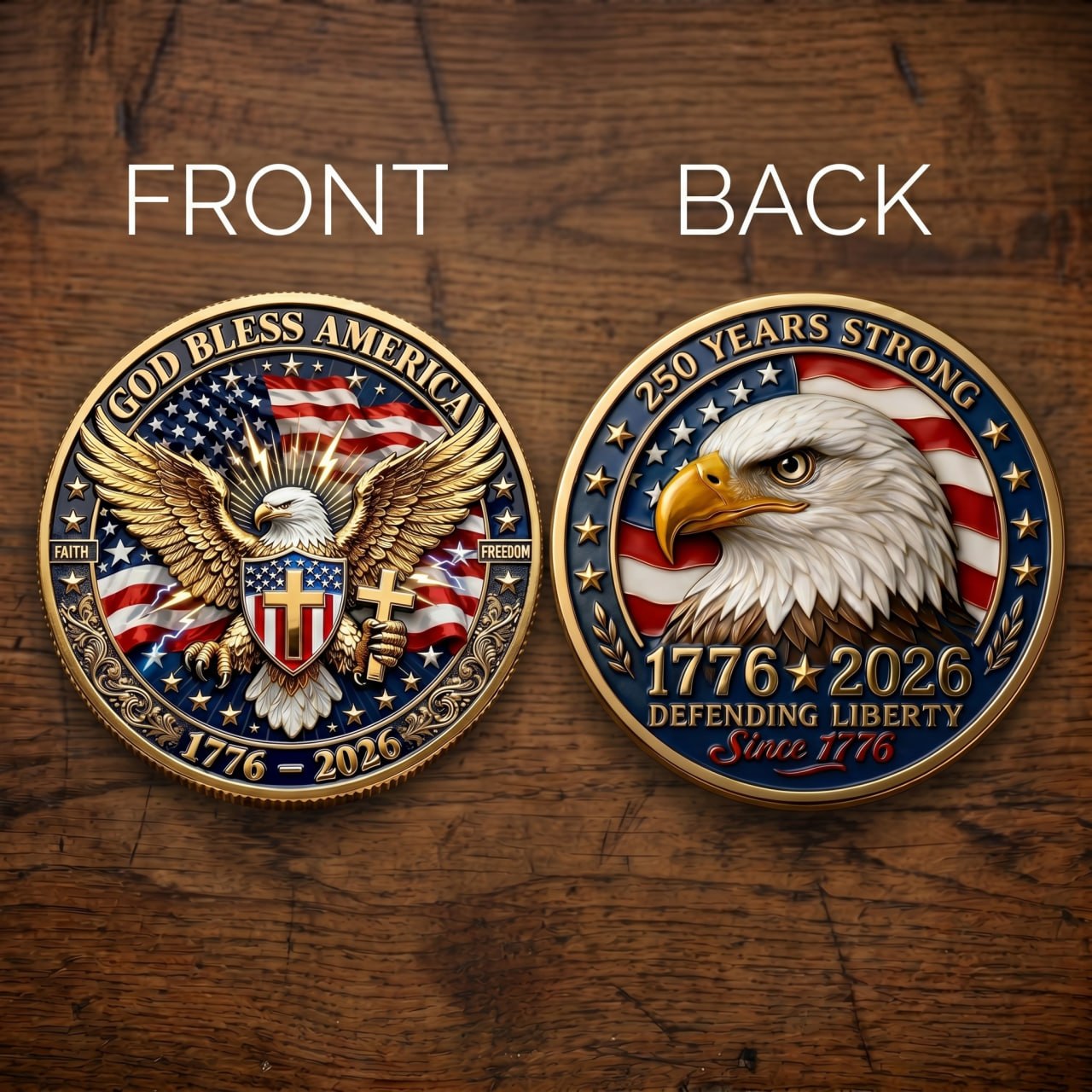 Made in USA 250th Anniversary Commemorative Coin - 1776-2026 Semiquincentennial Gold Metal Challenge Coin, Double-Sided UV Printed Patriotic Keepsake