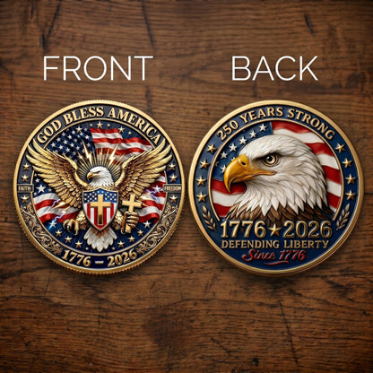 Made in USA 250th Anniversary Commemorative Coin - 1776-2026 Semiquincentennial Gold Metal Challenge Coin, Double-Sided UV Printed Patriotic Keepsake