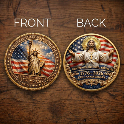 Made in USA 250th Anniversary Commemorative Coin - 1776-2026 Semiquincentennial Gold Metal Challenge Coin, Double-Sided UV Printed Patriotic Keepsake